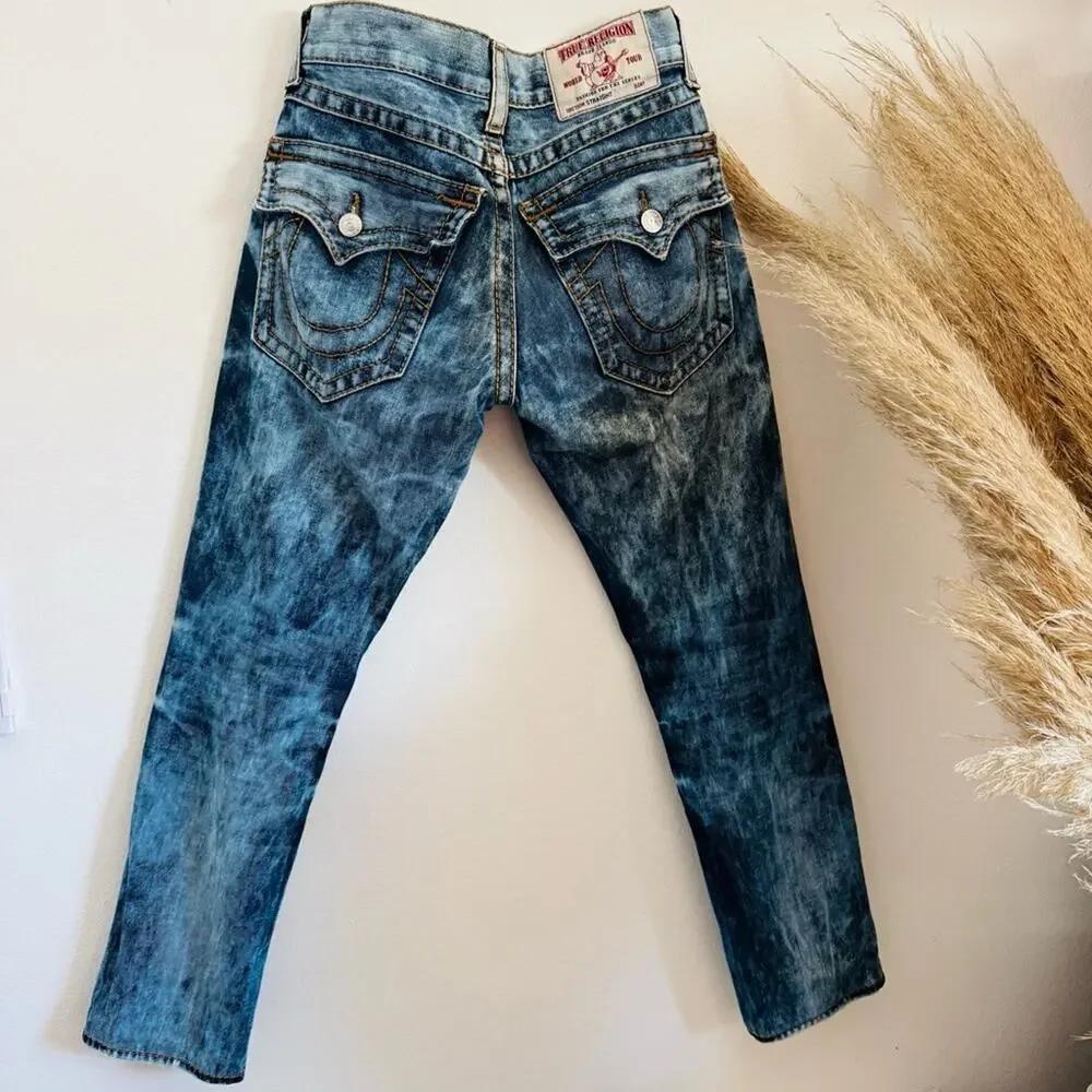 TRUE RELIGION MENS Blue White Acid Wash Relaxed Straight Leg Flap Denim Jeans 29